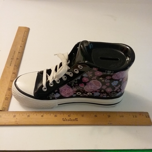 FAB Ceramic Sneaker Piggy Bank with skull designs and real shoe lace great gift - Picture 1 of 7